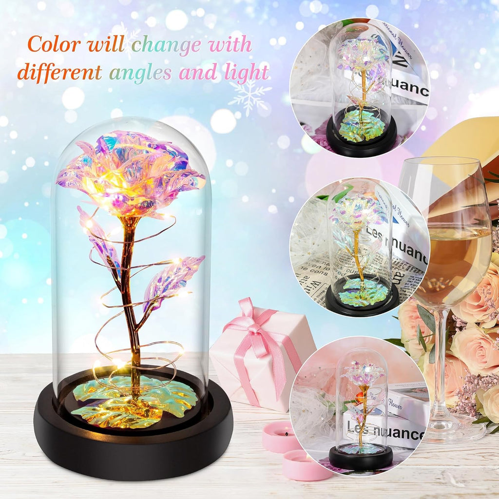 Valentines Gifts for Her,Birthday Gifts for Women,Valentines Day Flowers Gifts for Mom,Women,Her,Wife,Grandma,Light up Rose in Glass Dome,Colorful Rainbow Mothers Day Flowers for Delivery